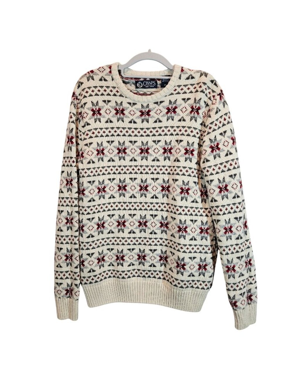 Chaps Fair Isle Knit Sweater Red Gray Snowflake Pattern Mens M Cotton Wool Blend